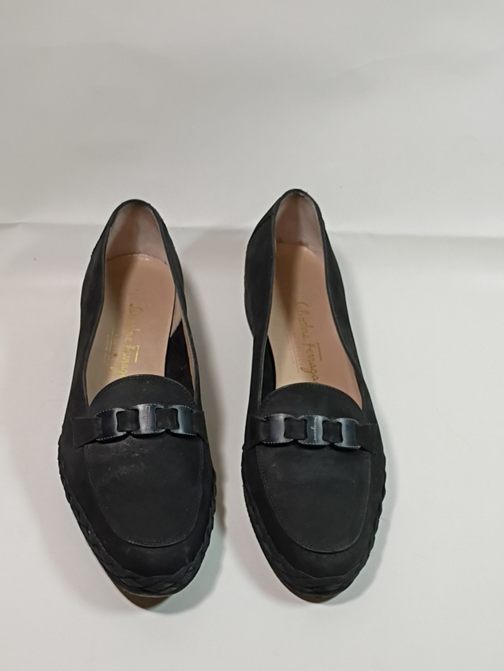 Salvatore Ferragamo Black Suede Women's Loafers with Patent Trim Size 9 3A